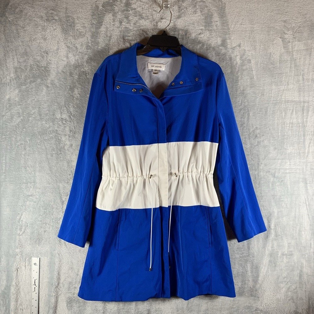 St. John Women's Rain Jacket L Nylon Drawstring Zip Up Blue White Coat Nautical